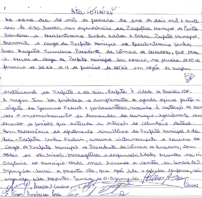 Publicação da Ata de Transmissão de Cargo do Prefeito Municipal ao Presidente da Câmara Municipal